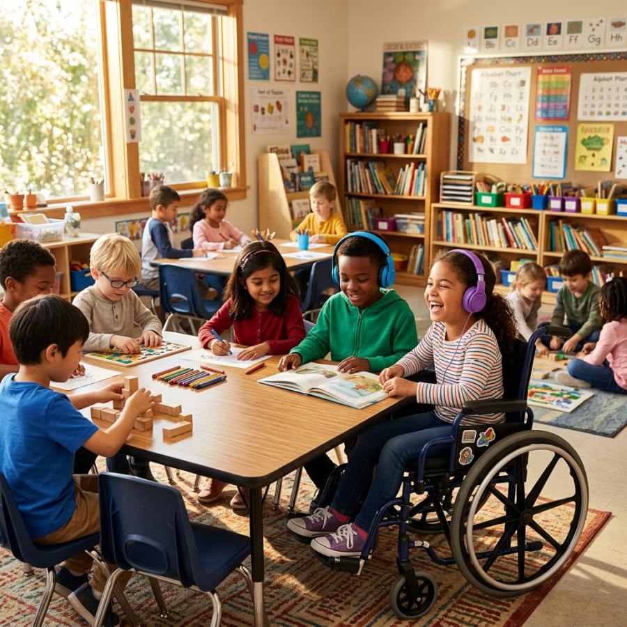 Diverse elementary students reading, drawing, and playing with blocks in classroom